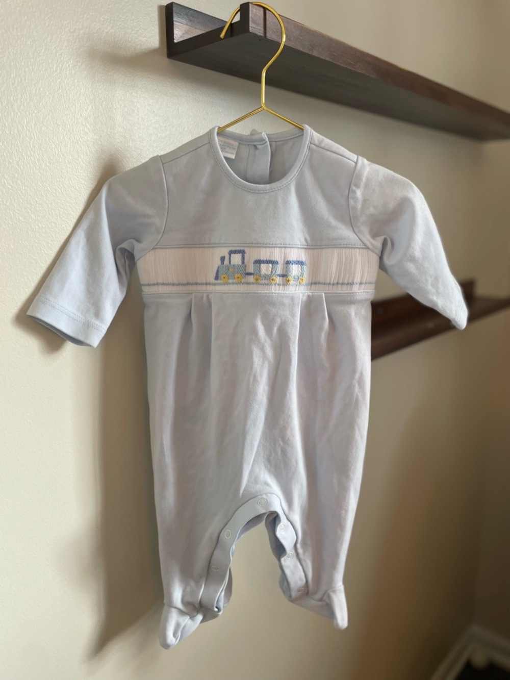 Light Blue Hand Smocked Train One-Piece Romper - Edgehill Collection